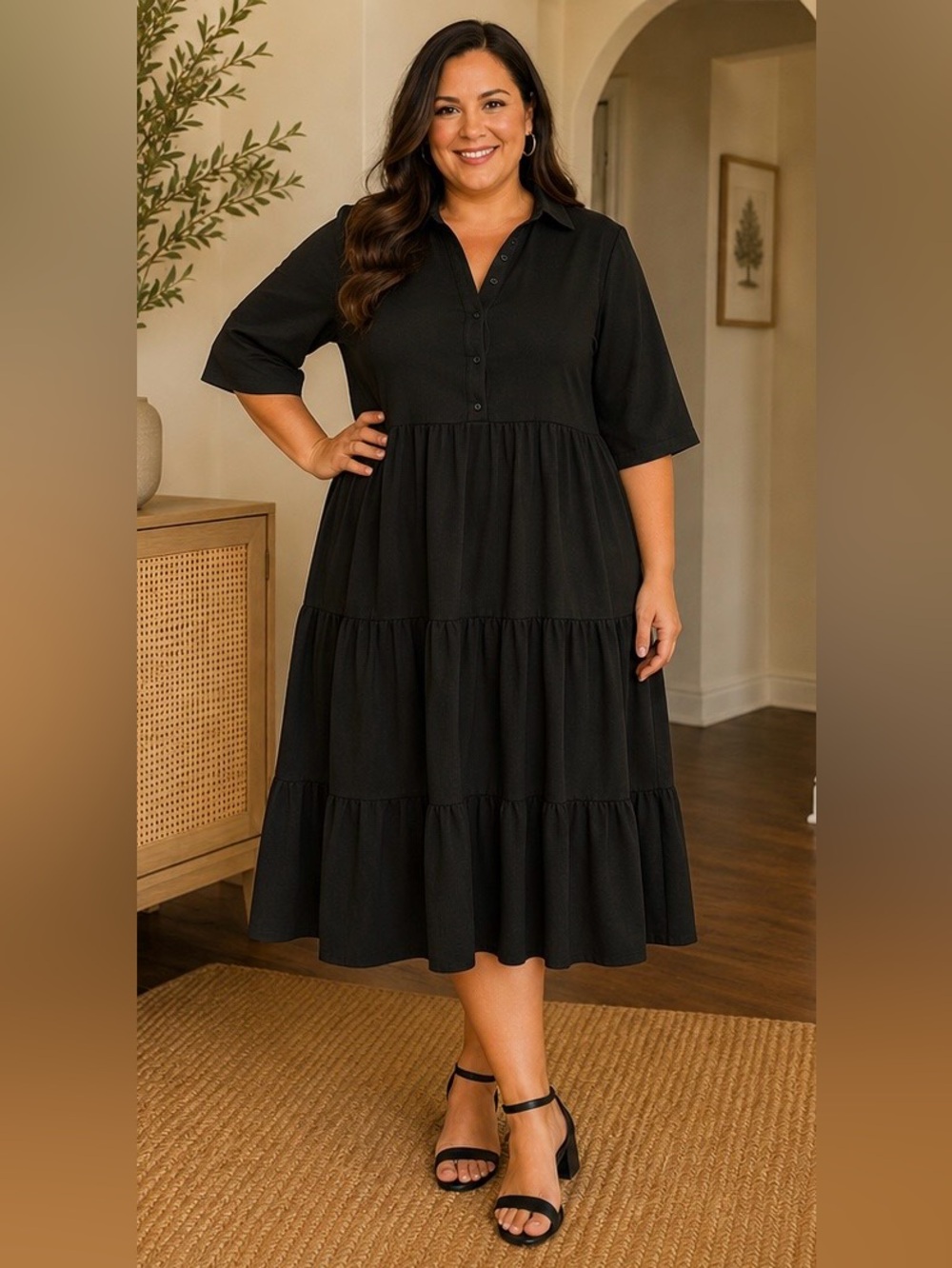 Chico's Black Collared Tiered Midi Dress
